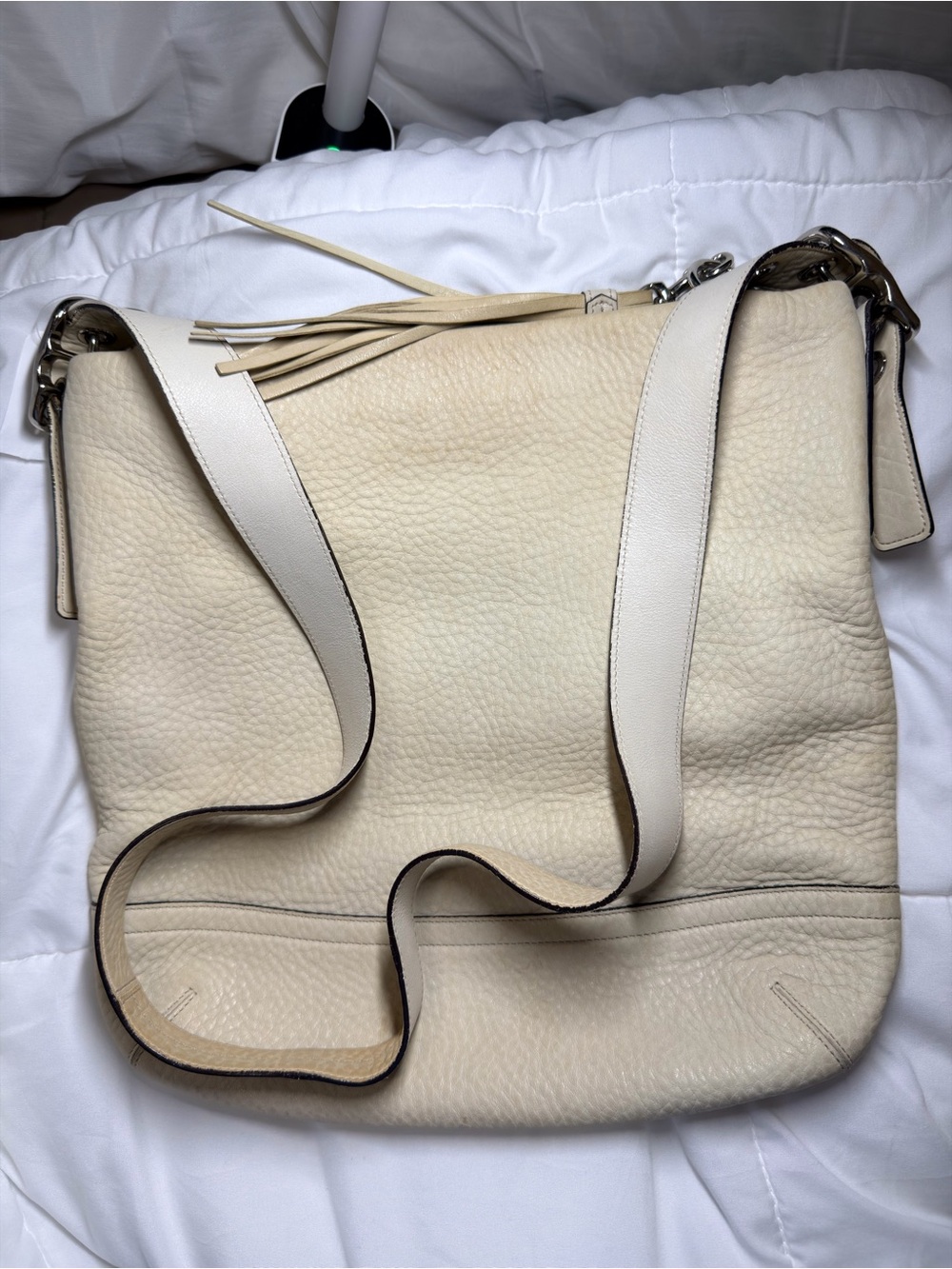 Coach Cream Pebbled Leather Shoulder Bag with Tassel